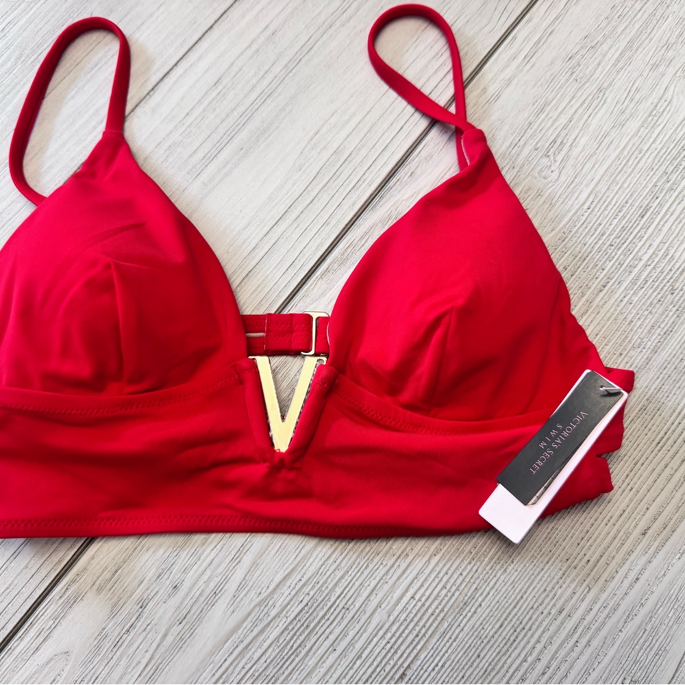 Victoria's Secret Bright Red Bikini Top with Gold V Accent